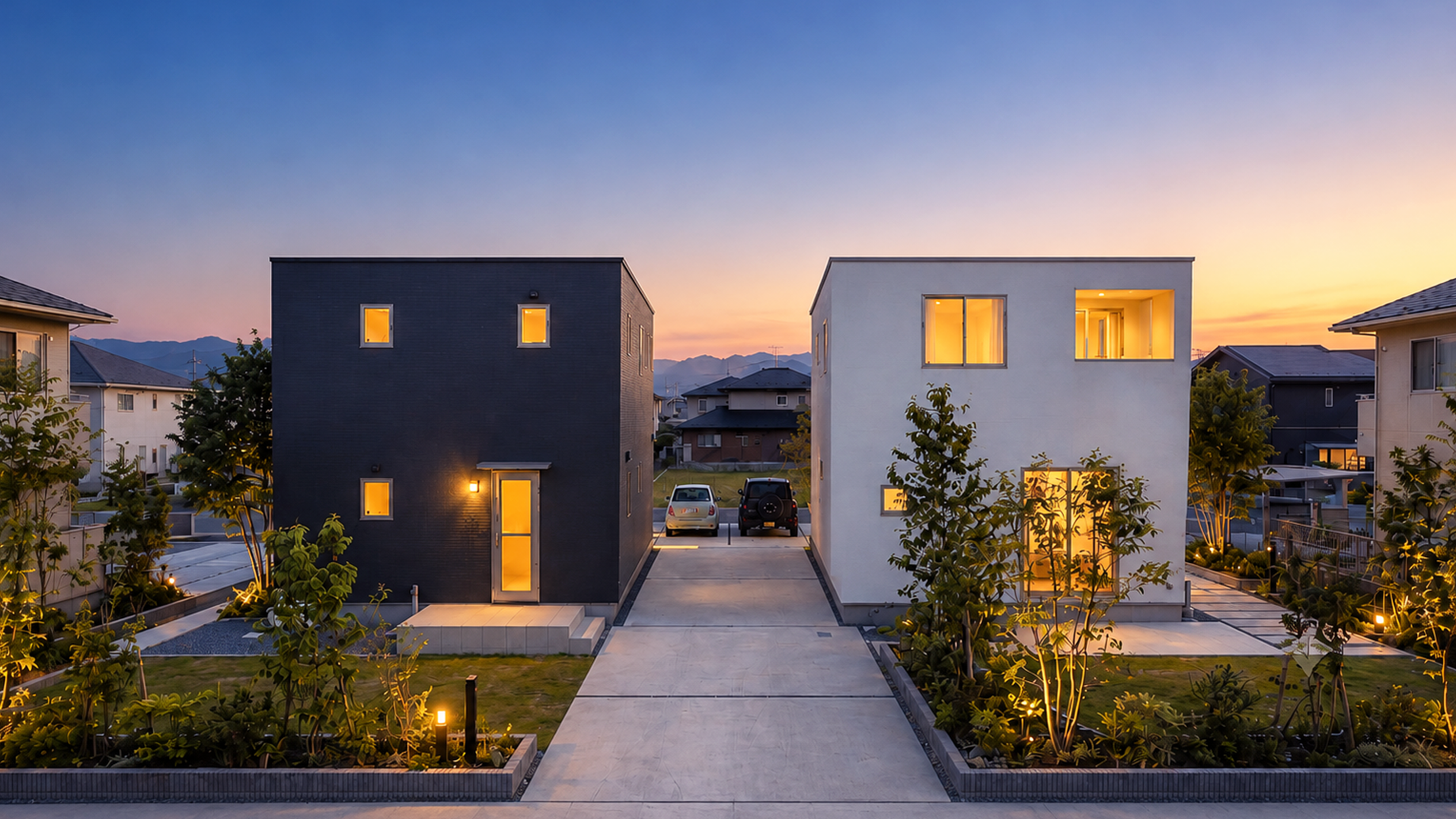夕暮れに灯りがともるGREEN BONDの住宅